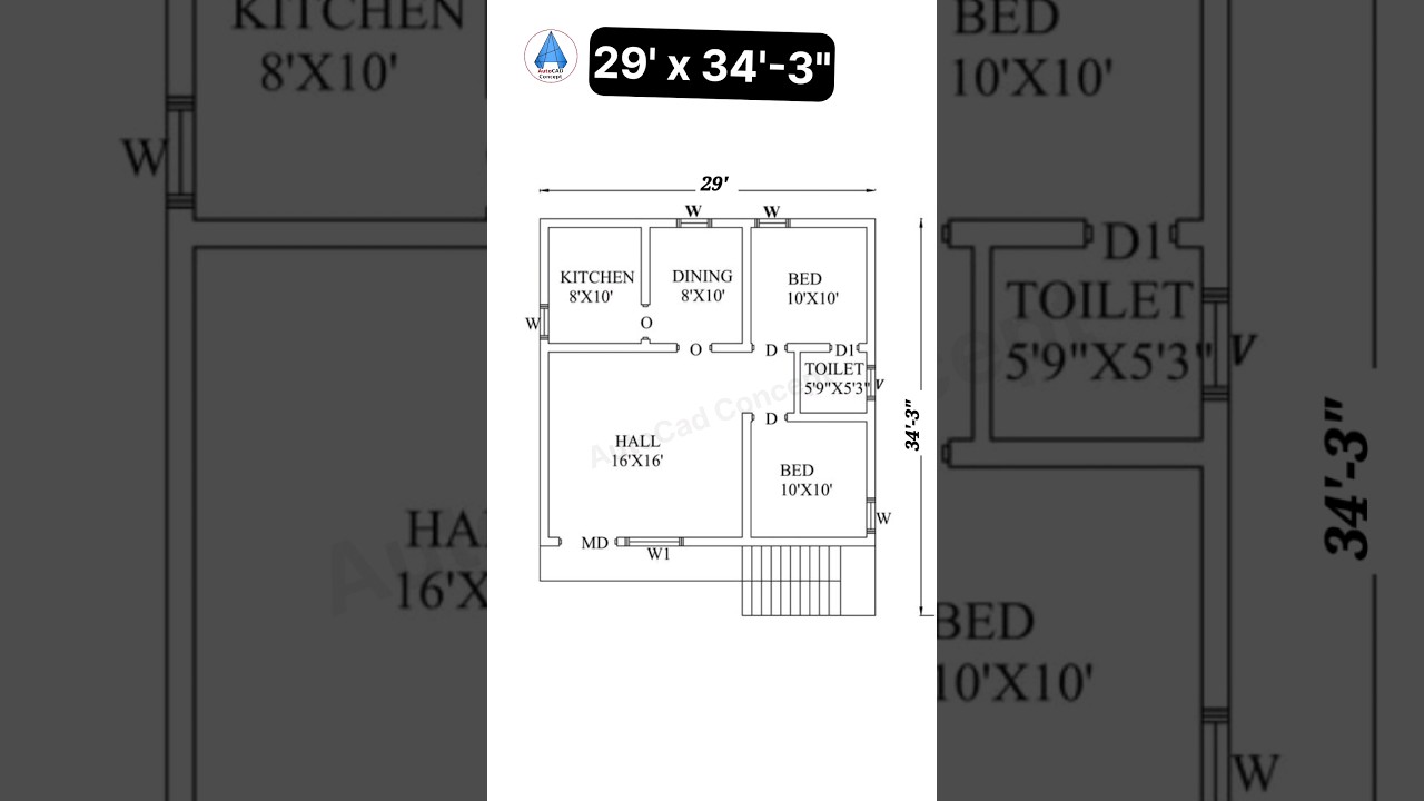 29x34 House Floor Plan with Dimensions 🏡