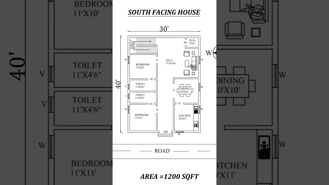 South-Facing 30x40 2BHK House Plan π‘