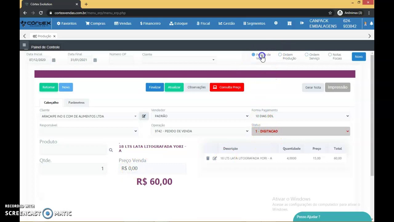 Córtex ERP - Módulo Produção e Indústria 🏭