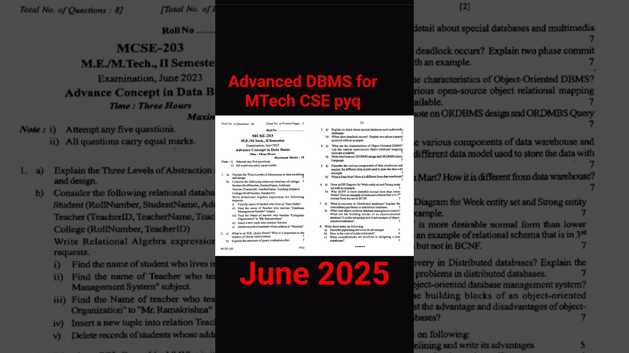 Advanced DBMS for MTech CSE | RGPV Bhopal June 2025 📚