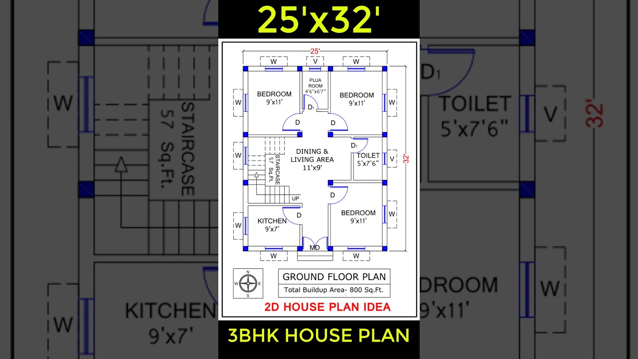 800 Compact 25x32 ft. 2BHK House Plan 🏡