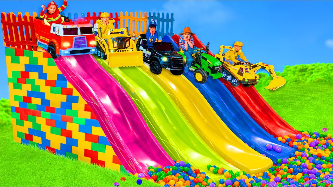 Fun Kids Play with Colorful Slides & Toy Vehicles 🚒🚜