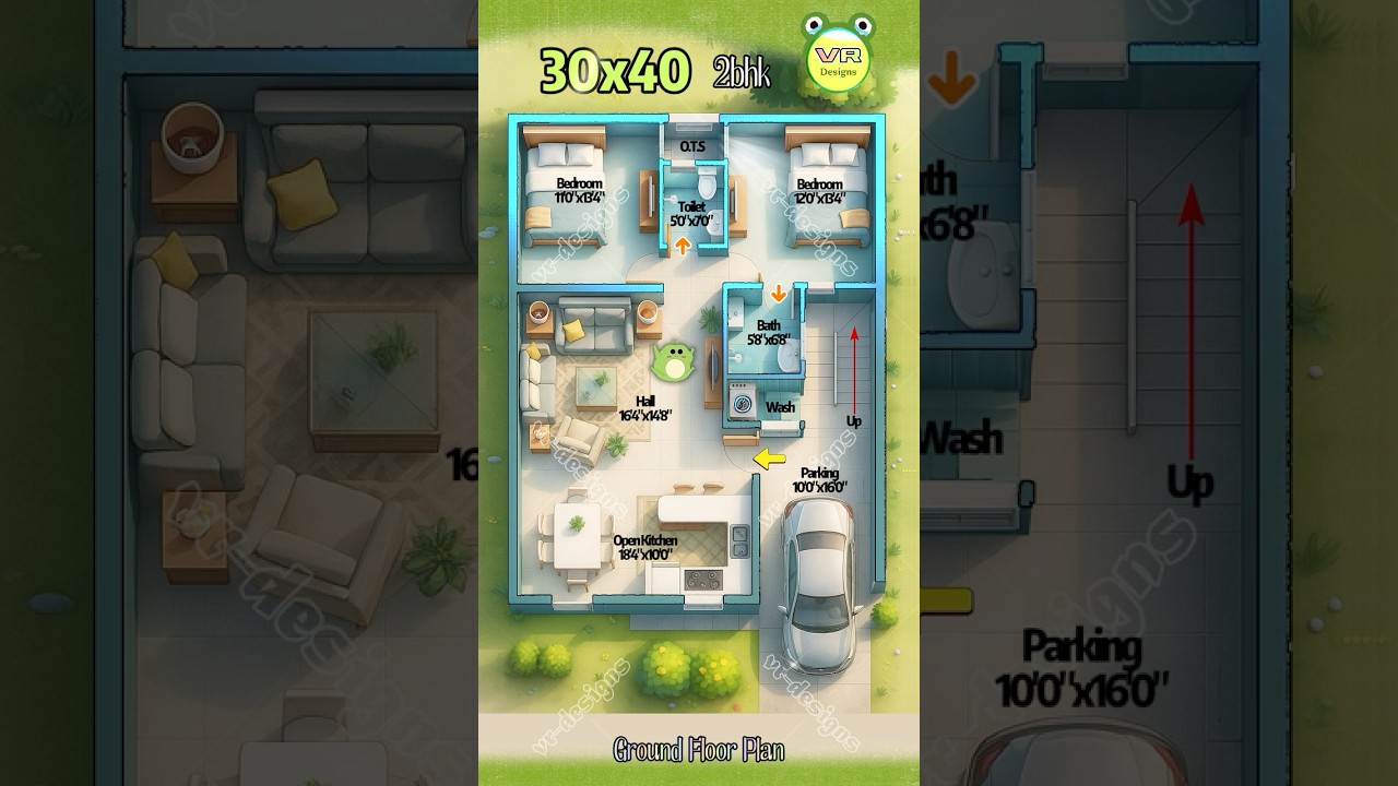 30×40 2.5D House Plan with 2BHK & Parking 🚗