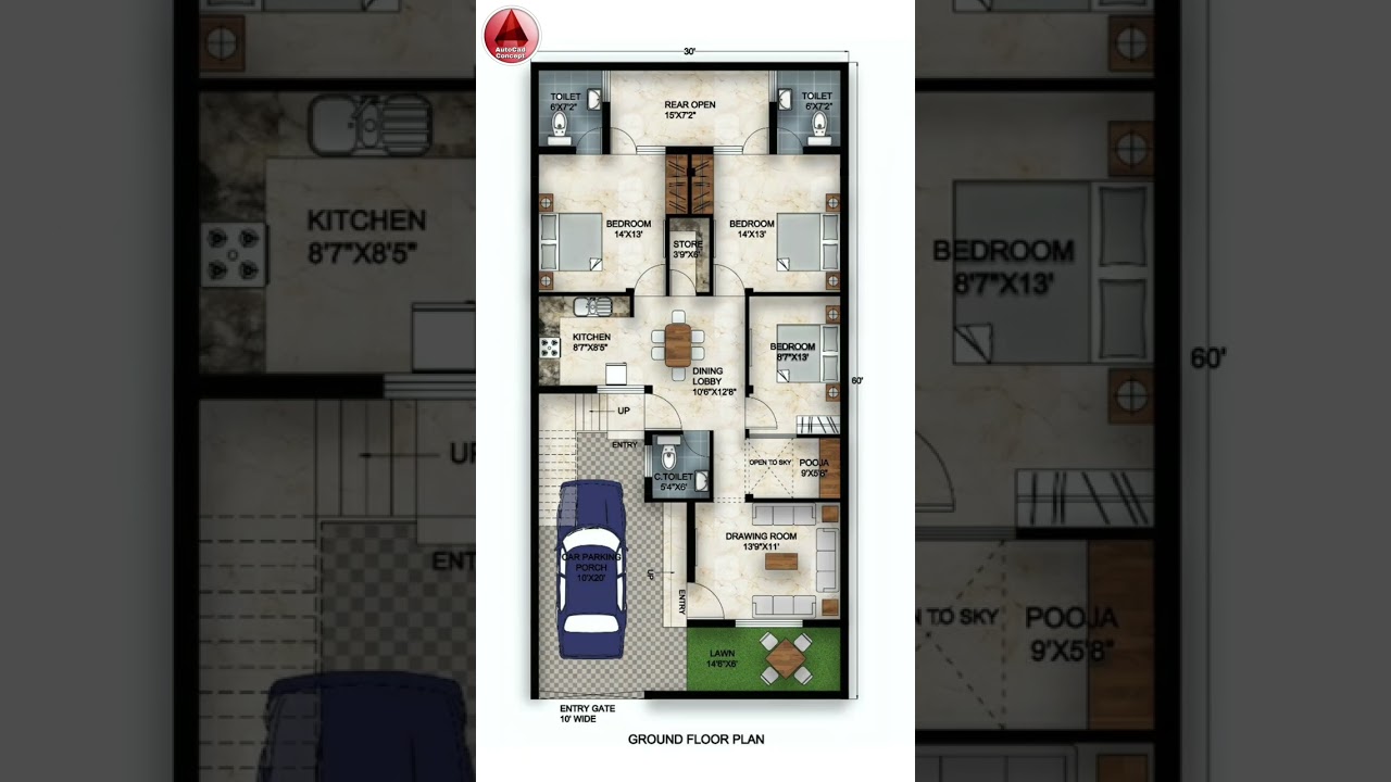 60x30 House Plan for 3BHK 🏡