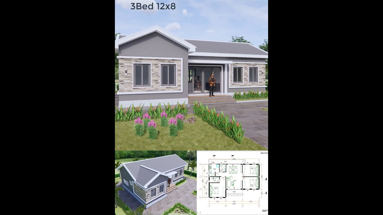 12x8m Bungalow House Plan with 3 Beds & 2 Baths 🏡