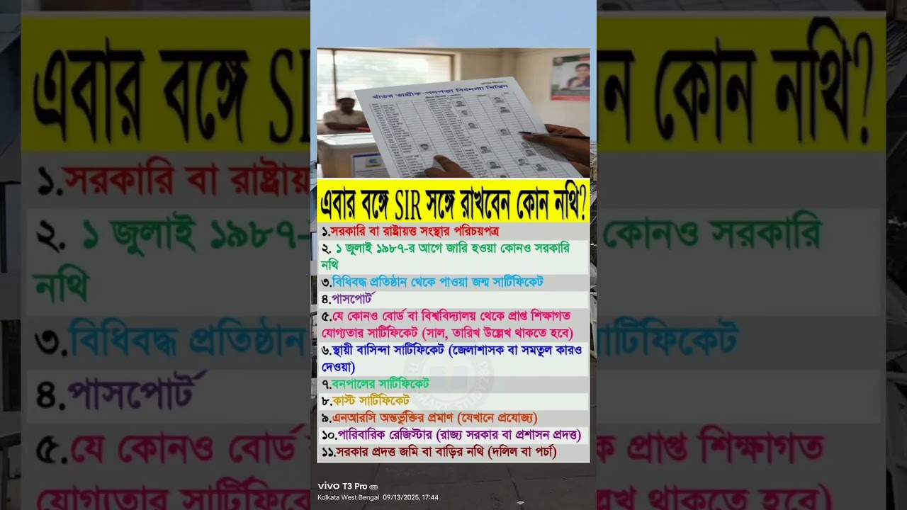 বঙ্গে SIR এর সঙ্গে রাখার জরুরি নথি 🗂️