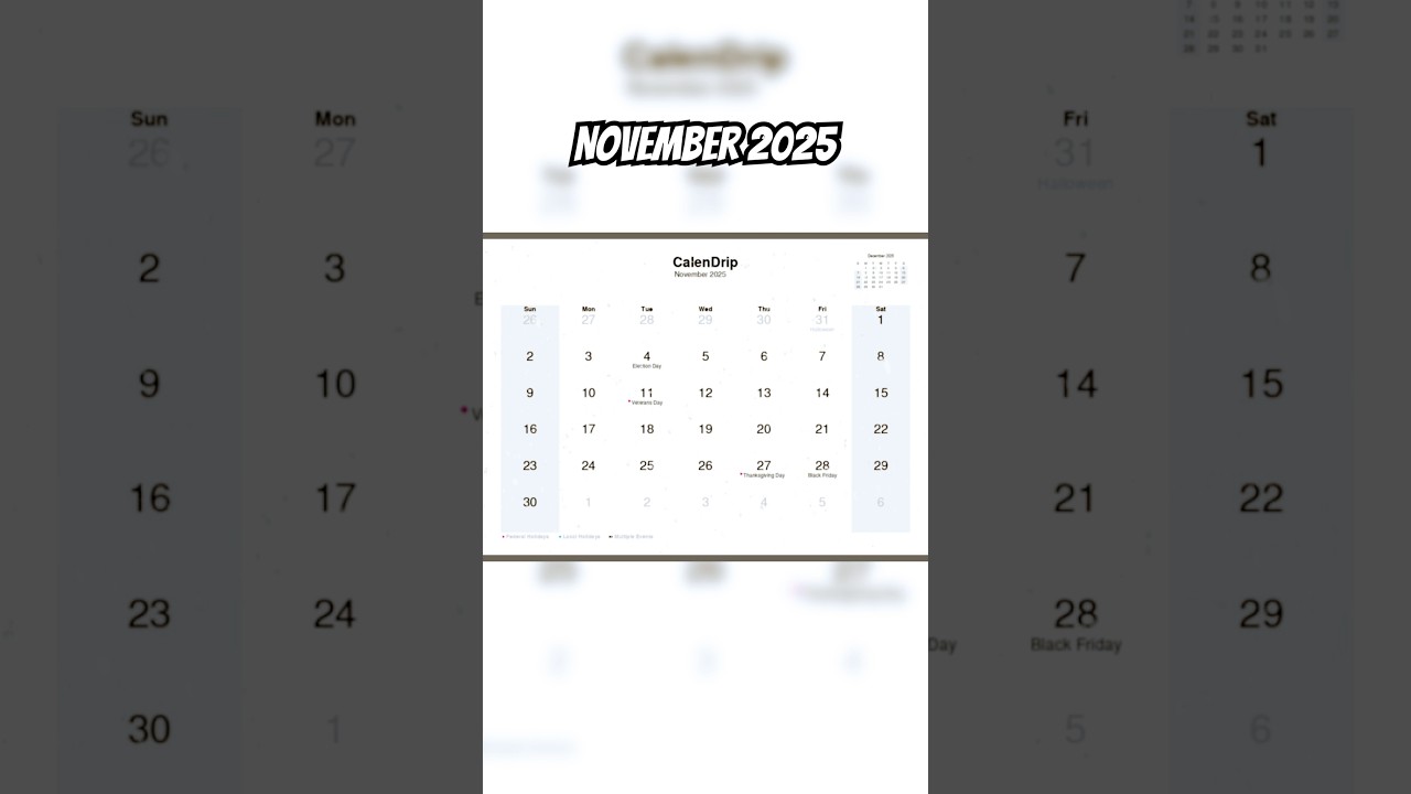November 2025 Calendar with Holidays & Festivals 🇺🇸