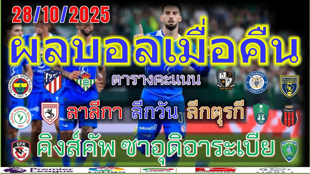 สรุปผลบอลเมื่อคืน: ลาลีกา, ซุปเปอร์ ลีก ตุรกี, ลีกวันอังกฤษ, คิงส์ คัพซาอุ 28/10/2025 ⚽
