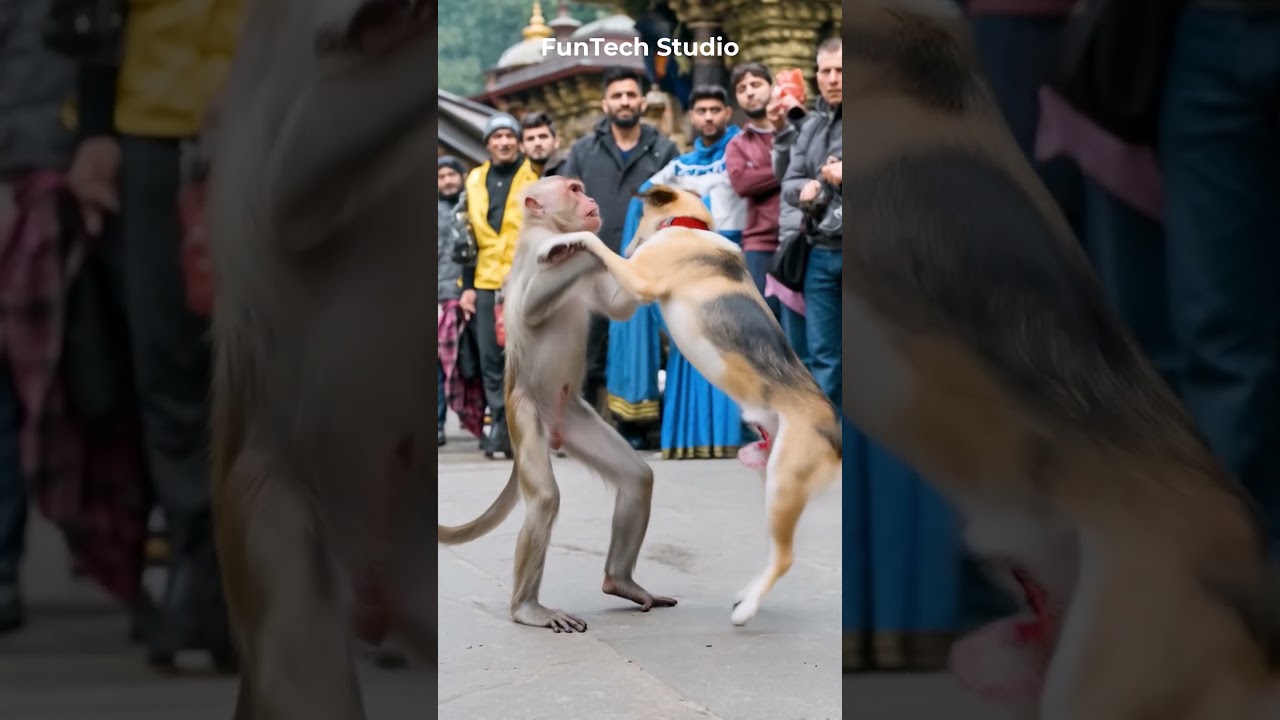 Monkey and Dog Fight Near Temple 🐒🐶