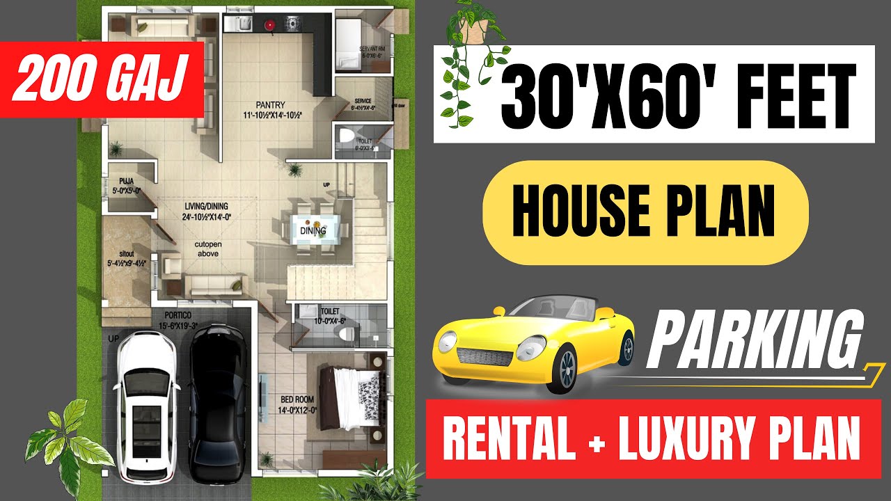 30x60 East-Facing House Plan with 2 Car Parking 🚗