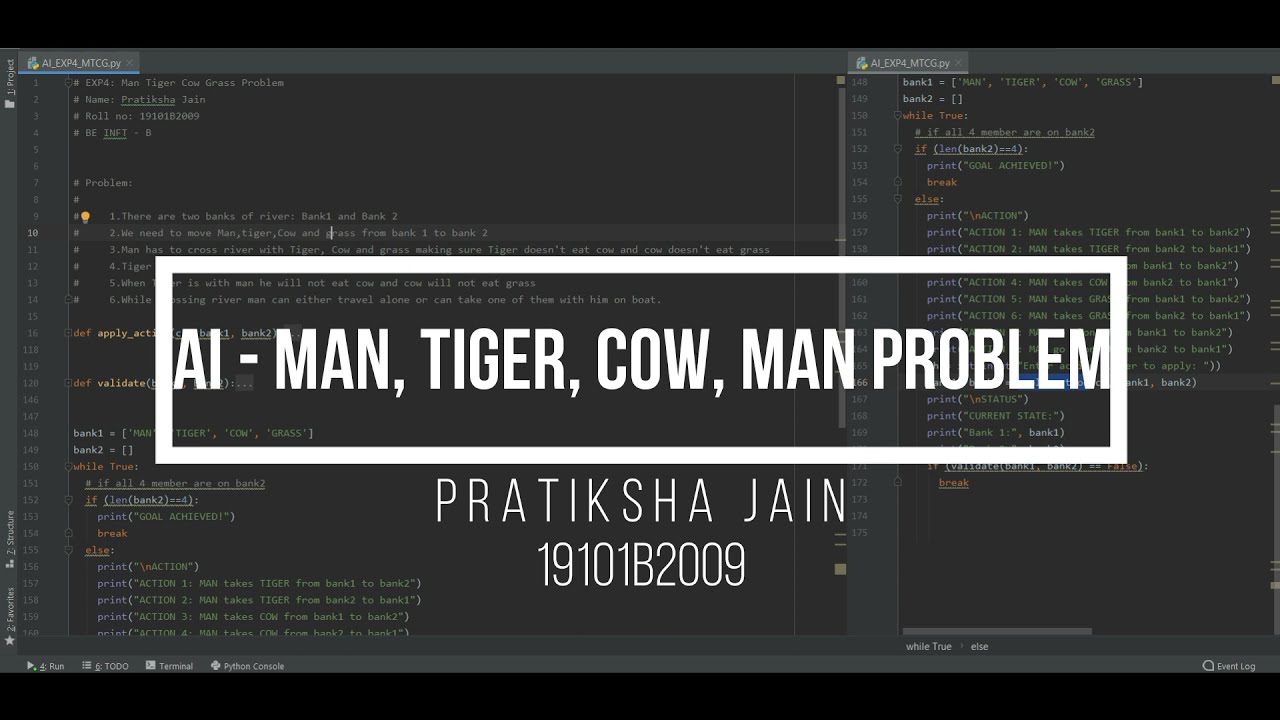 EXP4 AI: Man, Tiger, Cow, Grass Python Code 🐅