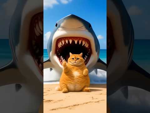 Orange cat fight with a shark. Ai cartoon orange fat cat funny video