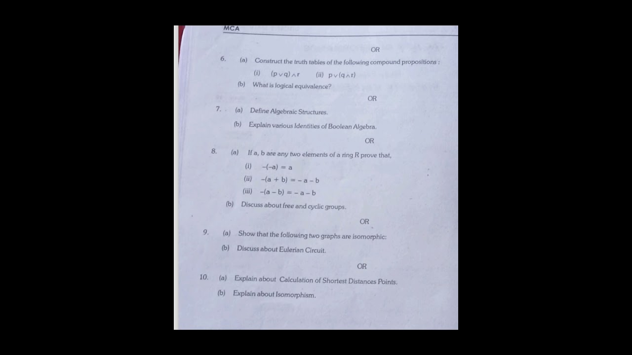 OU MCA 1st Semester District Mathematics MCQs