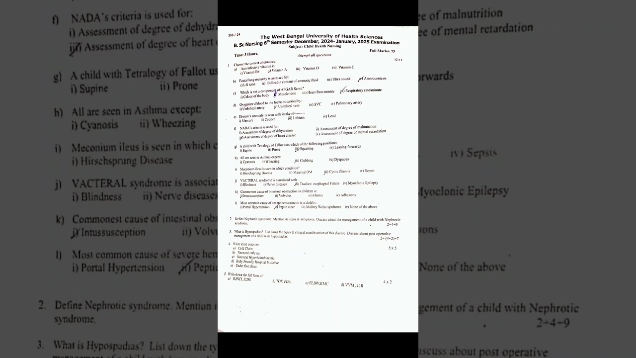 BSc Nursing 6th Semester Child Health Question Paper 2024 🩺