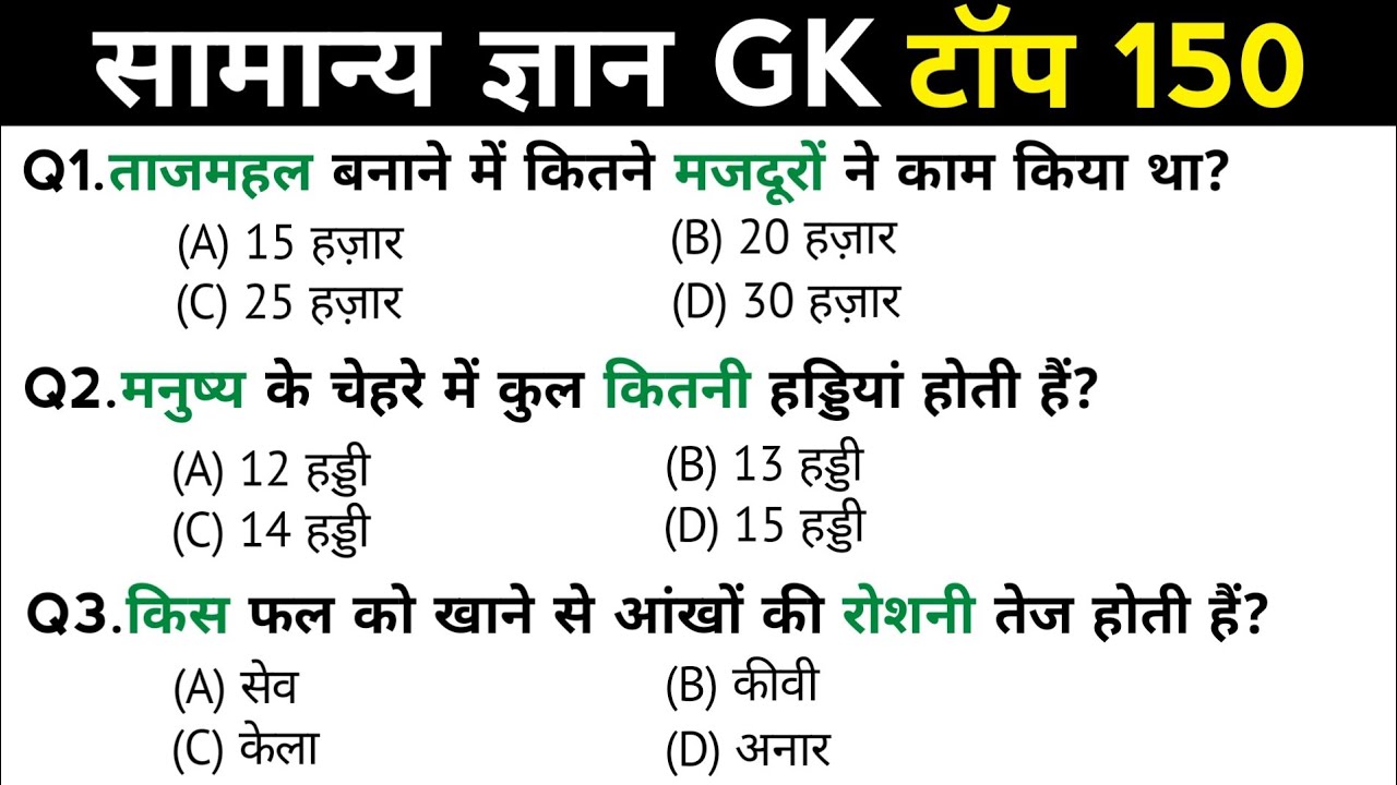 सामान्य ज्ञान | General Knowledge | Top 150 GK/GS questions | SSC GD, MTS, RPF, CRPF | GK quiz
