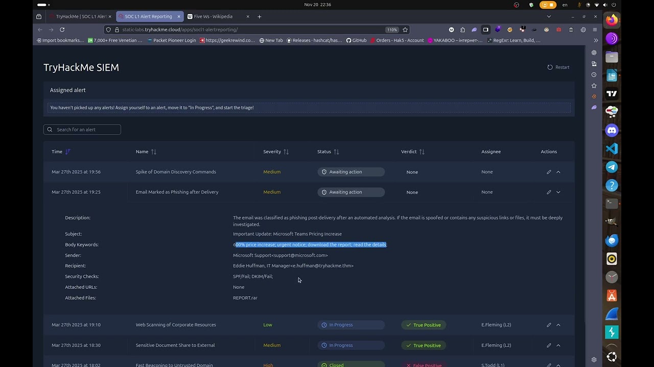 SOC L1 Alert Reporting TryHackMe WalkThrough