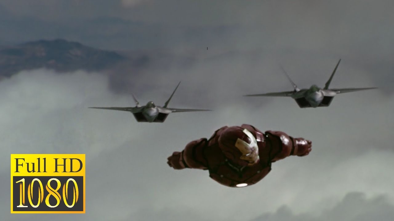 Tony Stark Battles Two F-22 Raptors in IRON MAN (2008)