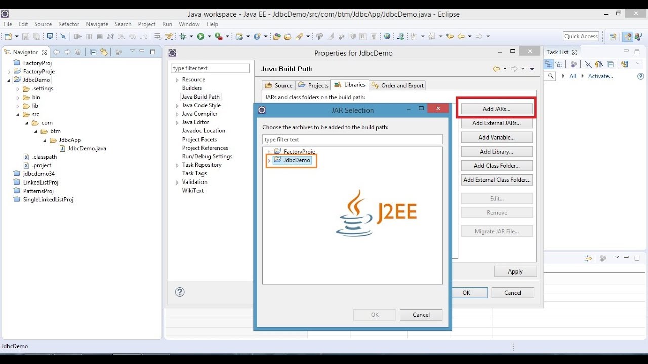 Adding JAR Files to J2EE Project in Eclipse and Configuring Build Path