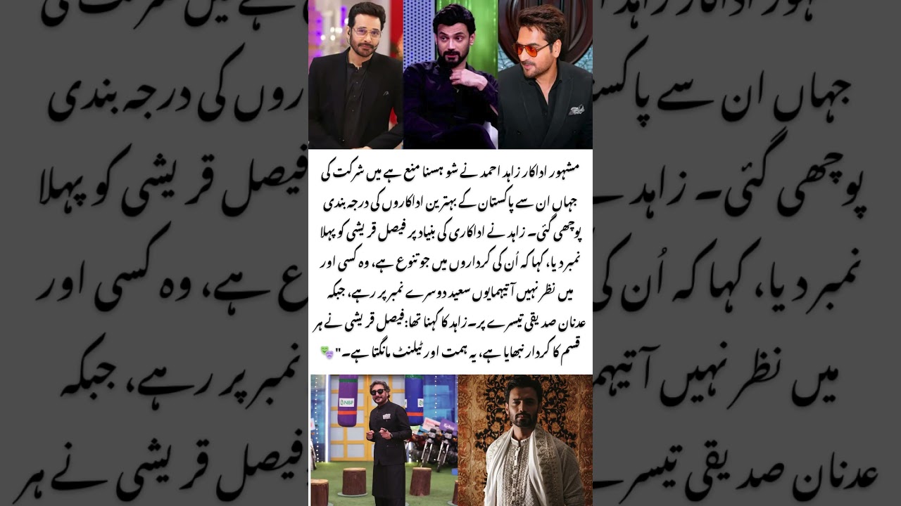 Zahid Ahmed Evaluates Pakistan's Top 3 Actors: Faysal, Humayun, and Adnan