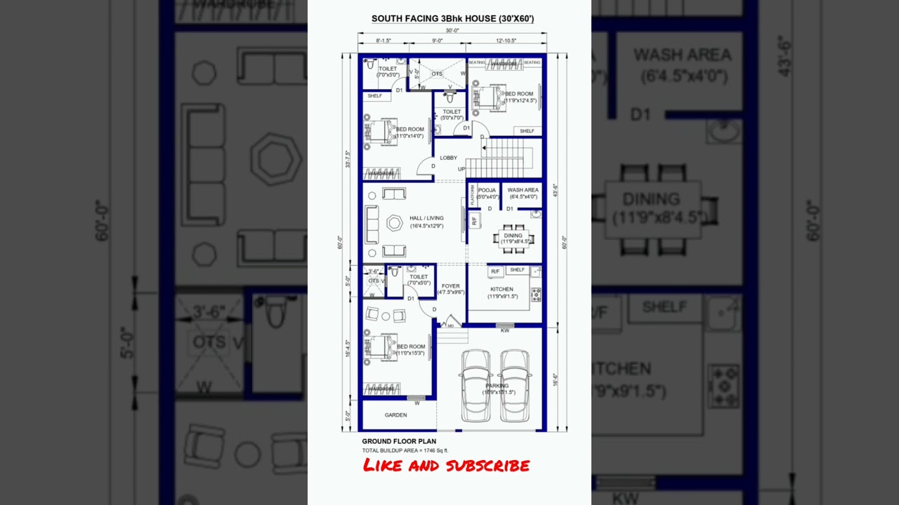 30'x60' South-Facing 3BHK House Plan ๐