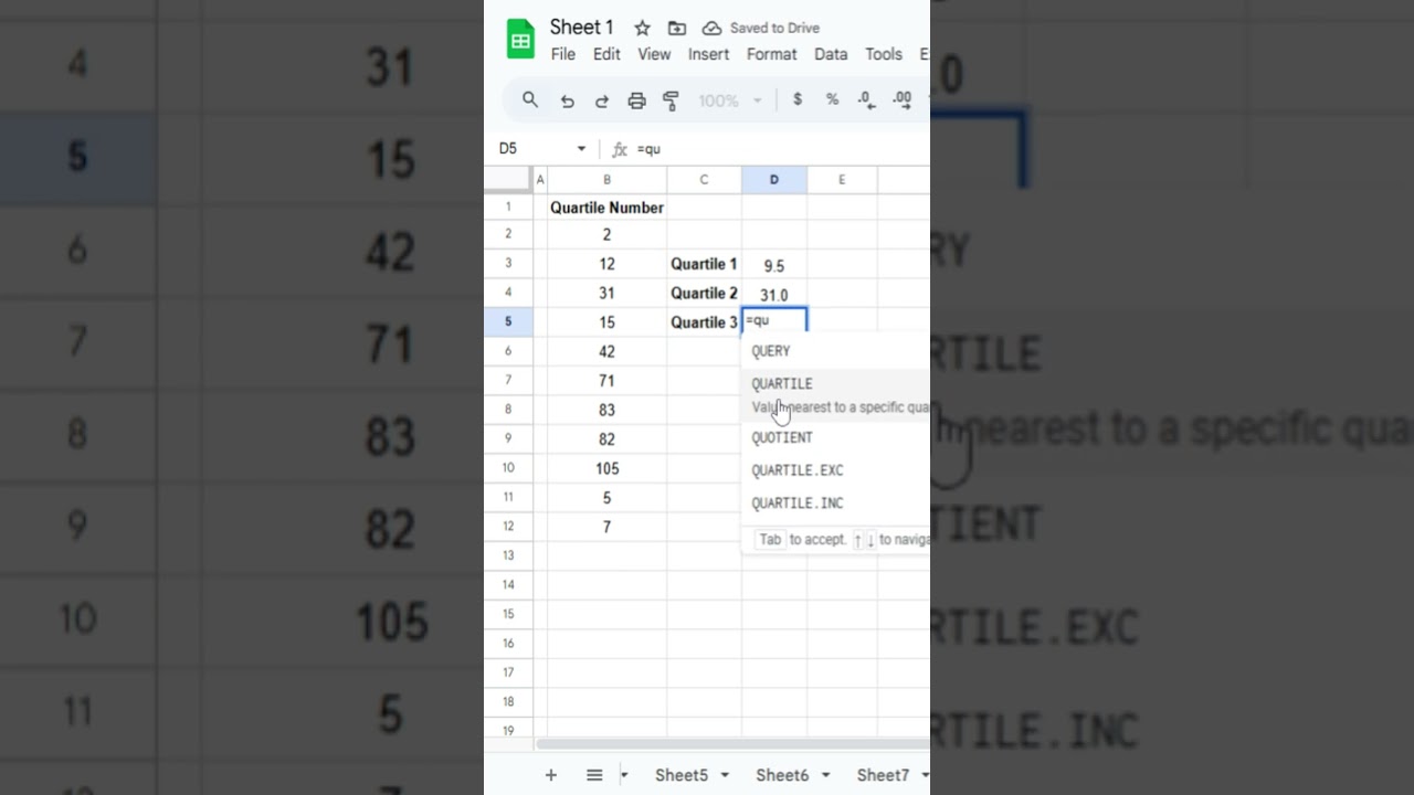 How to Use QUARTILE function in Google Sheet