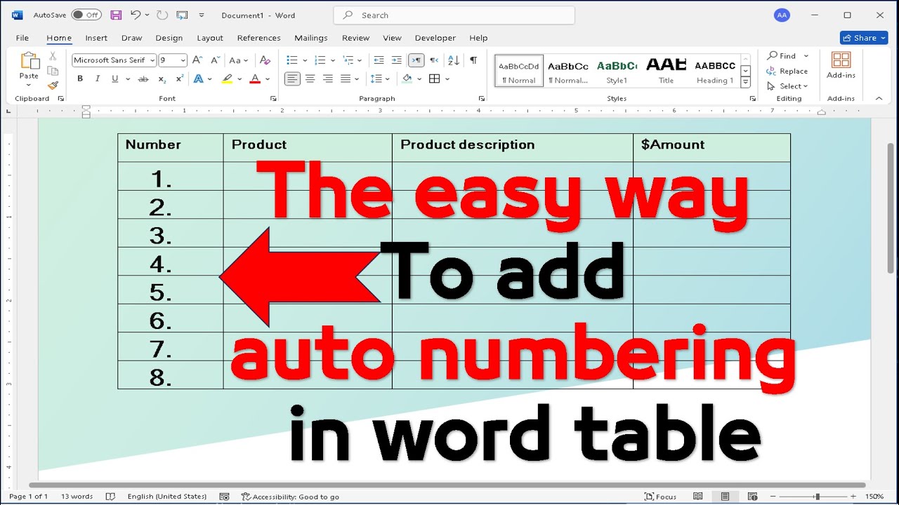 how to add auto numbering in word table