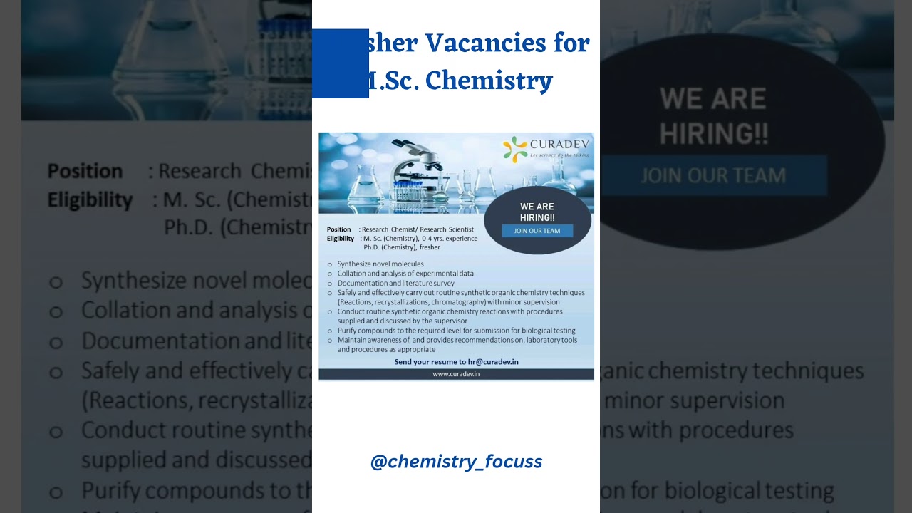 M.Sc Chemistry Fresher Job Vacancy + PhD Chemistry Fresher Job Vacancy🔥