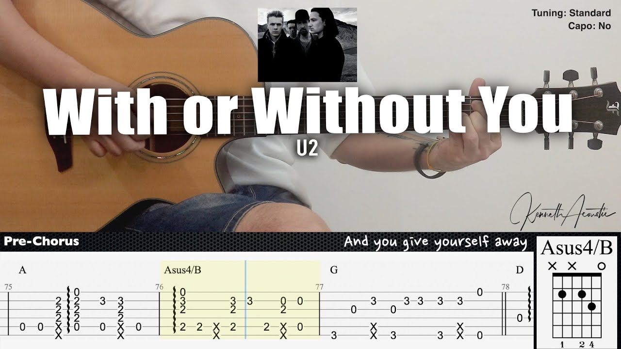 With or Without You - U2 | Fingerstyle Guitar | TAB + Chords + Lyrics