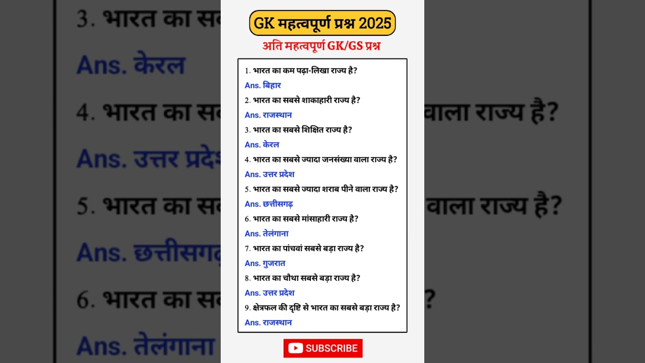 GK / GS Questions 2025 π | Hindi & English
