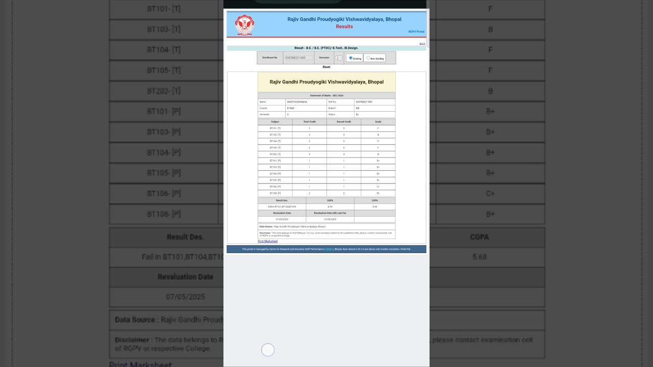 RGPV 2nd Semester 2025 Result Declared