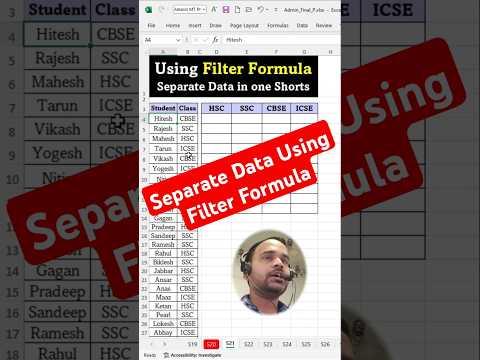 Filter Formula Separate Data in One Click | Filter Formula in Excel | Filter Formula | #ytshorts