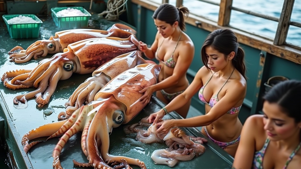 Japanese Fishermen Catch 100 Giant Deep Sea Squids Daily 🦑