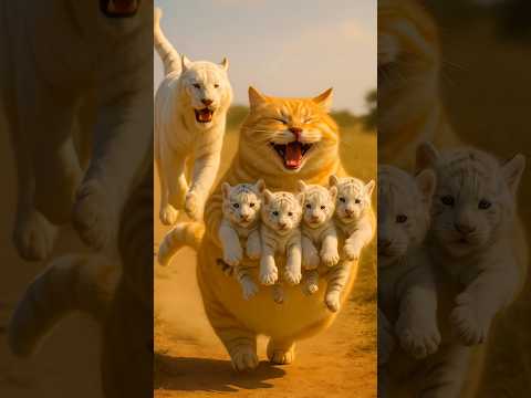 Ai animated orange cat funny cartoon video 😹💥  White tiger Cubs Taken by a Fat Cat!?