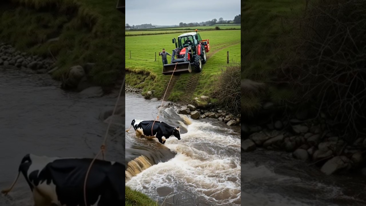 Cow Swept by River Saved with Tractor and Rope #shorts #animalrescue #love #fyp #viral #nature #cute