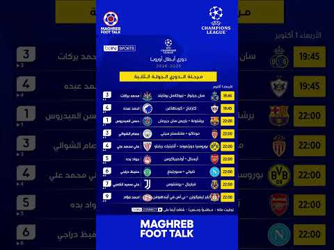 📅 إليكم جدول مباريات الجولة الثانية من دوري أبطال أوروبا 2025-2026 (غداً الاربعاء) 🏆🔥