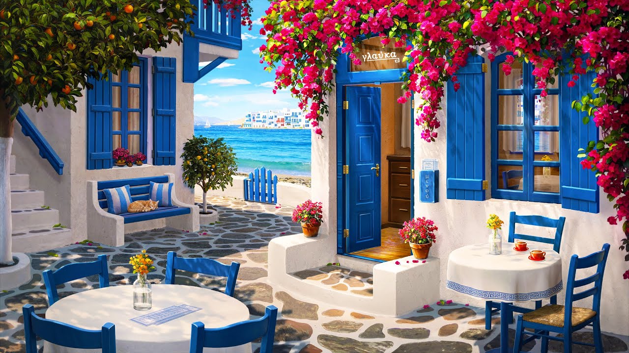 Cafe by the Sea: Relaxing Bossa Nova Jazz, Ocean Waves & Mediterranean Birds 🎶