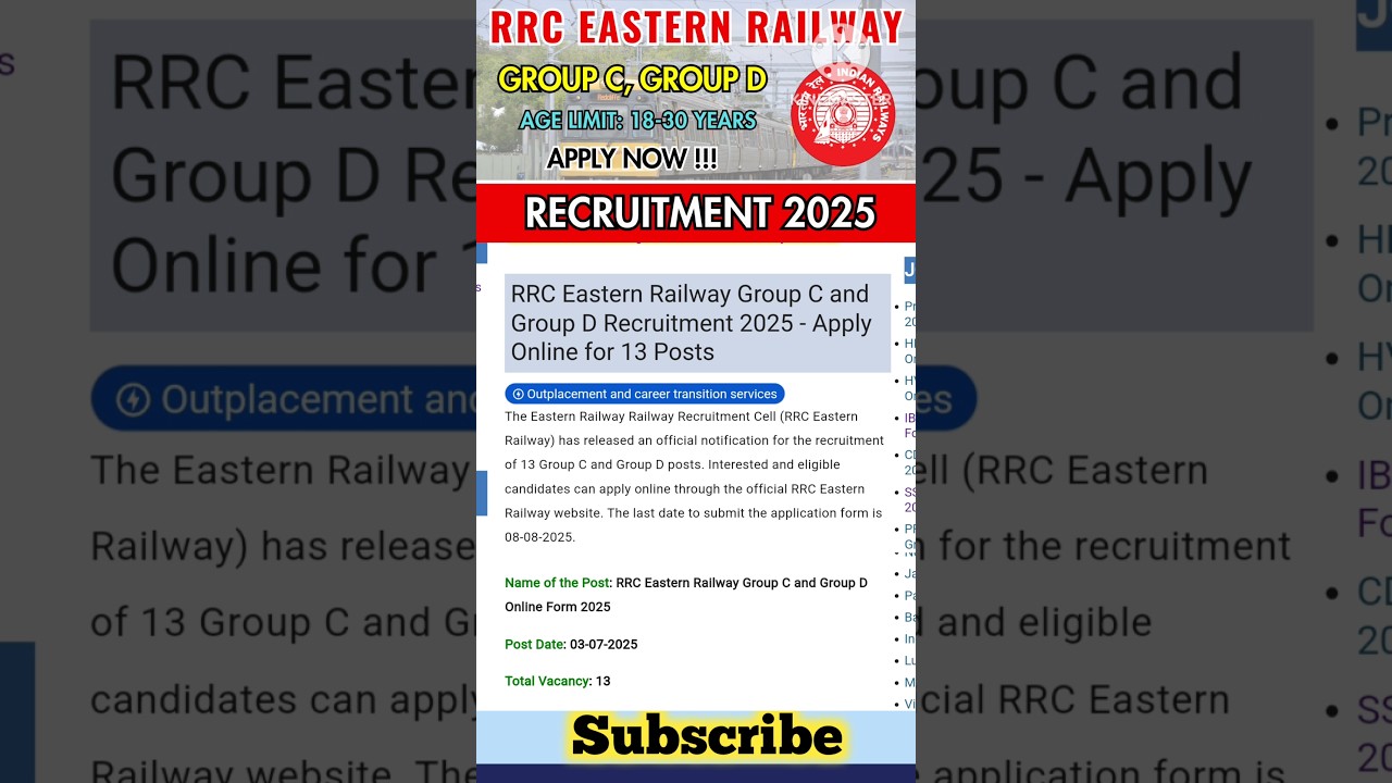 RRC Eastern Railway Group C, D Recruitment 2025 #governmentjobs #rrc