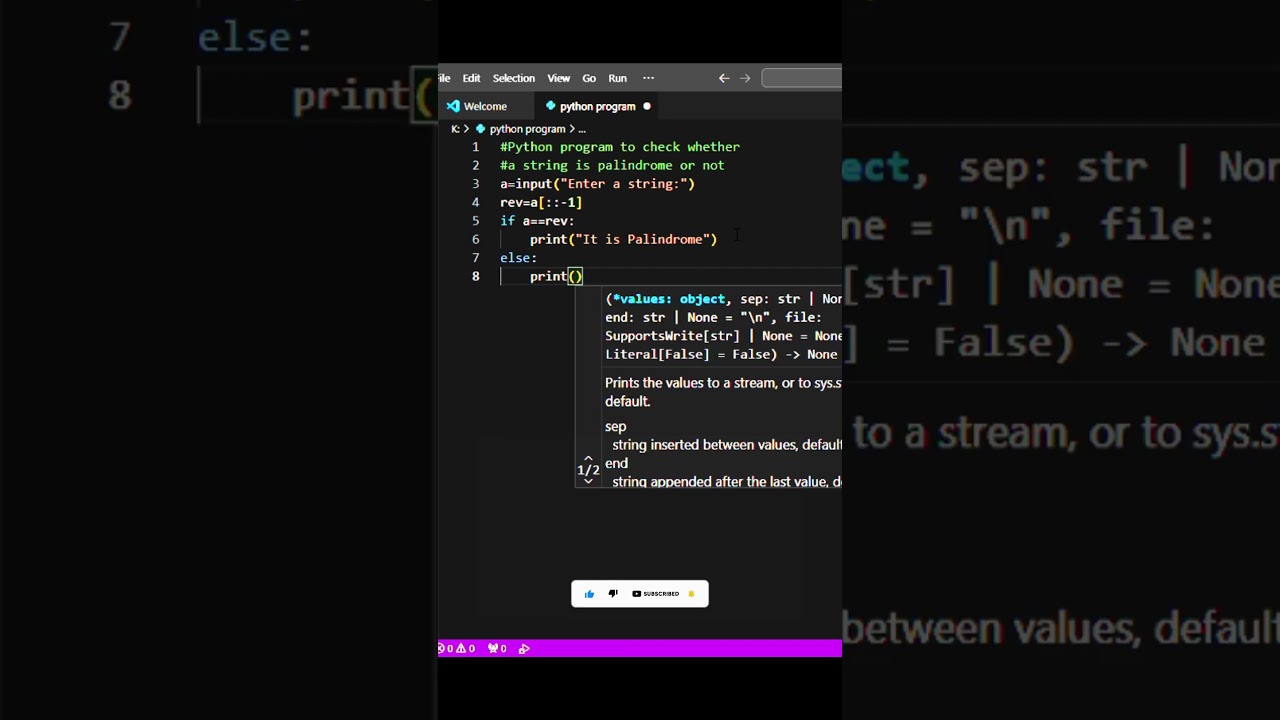 Python program to check whether a string is palindrome or not #python #shortsfeed #shorts