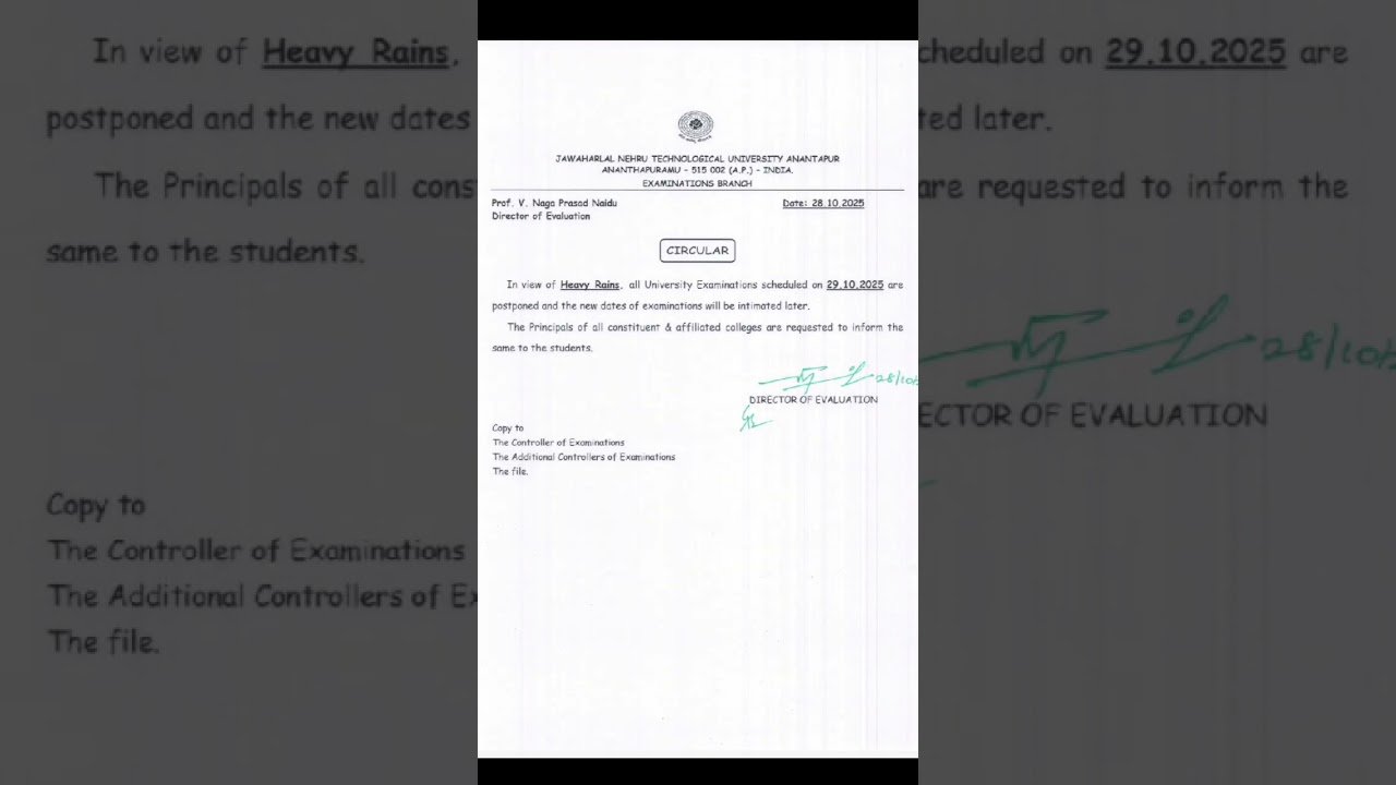 JNTUA Ananthapuramu Postponement Circular Issued by DE on 29.10.2025