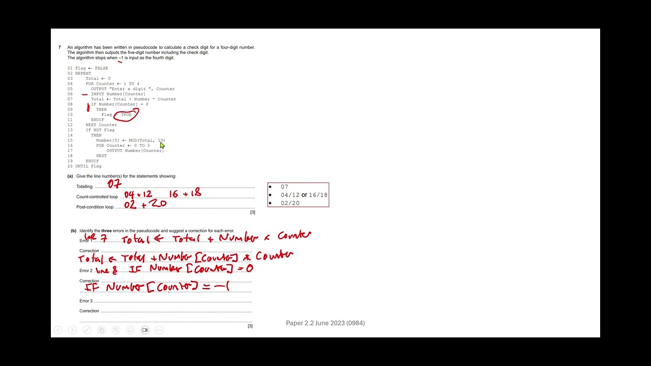 Q7 part b * FIND THE ERRORS * Cambridge iGCSE Computer Science Paper 22 June 2023