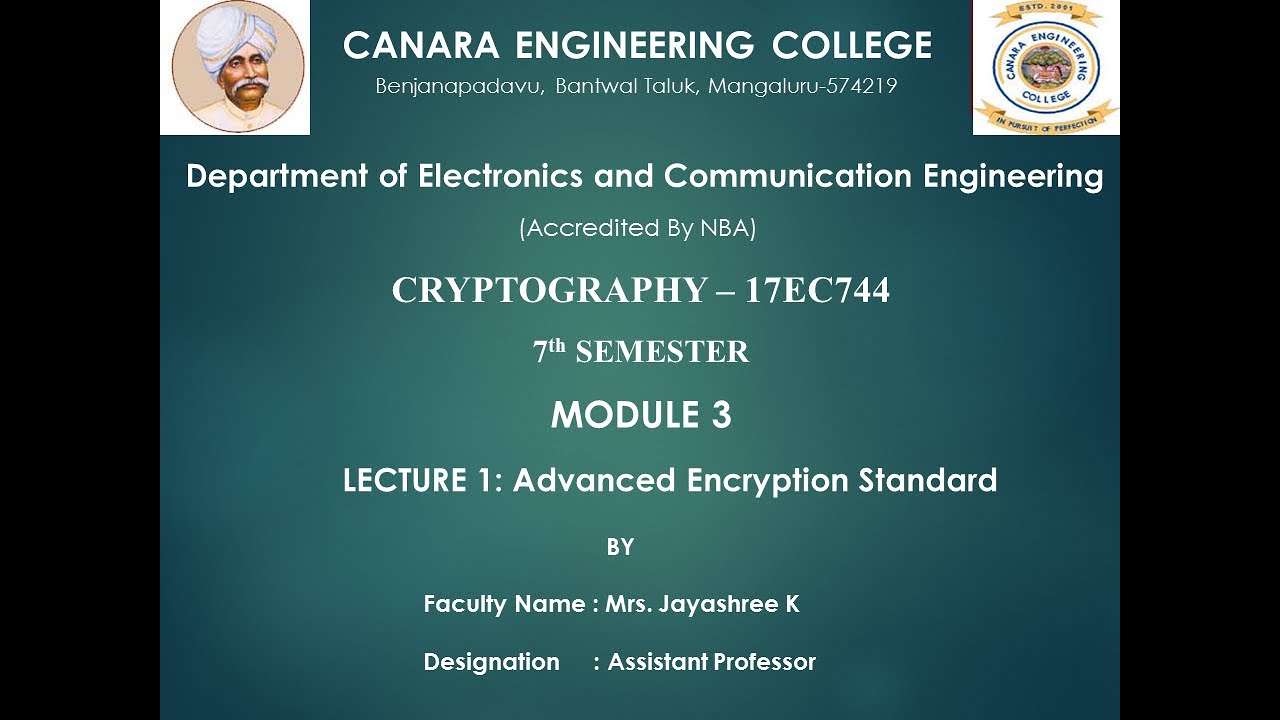 VTU CRYPTO 17EC744 M3 L1 AES Lecture Overview