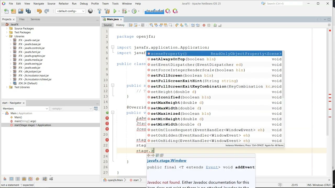 JavaFX Setup in Netbeans IDE 25 & JavaFX 24