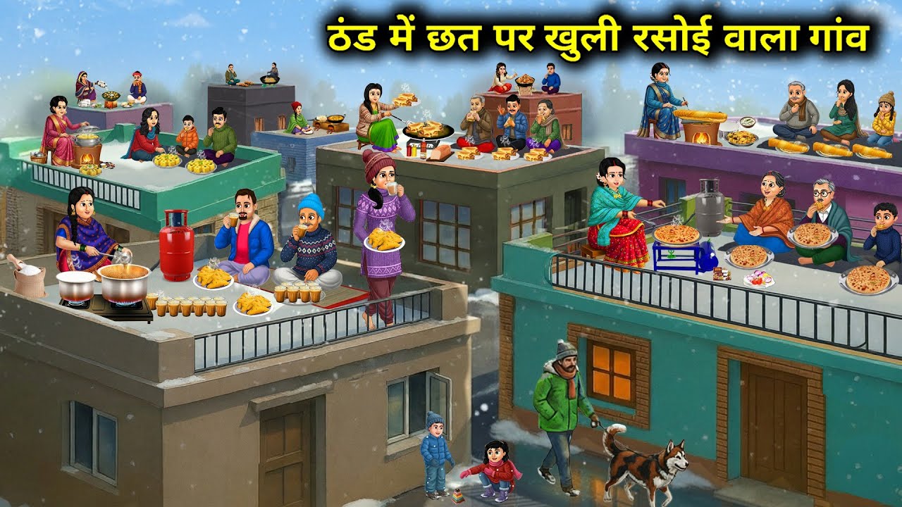 गांव में ठंड में छत पर खुली रसोई ❄️
