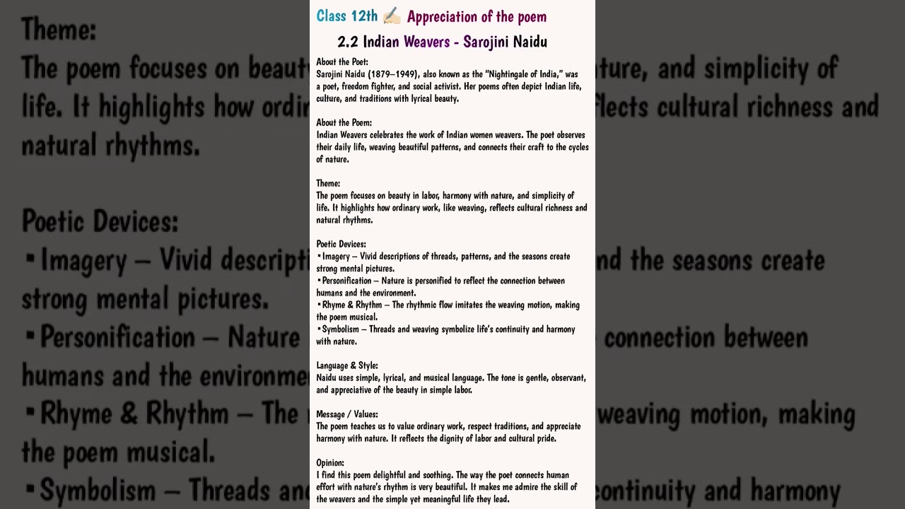 🌸 Appreciation of Indian Weavers | Class 12 English Poem in 1 Minute ✨#indianweavers #appreciation