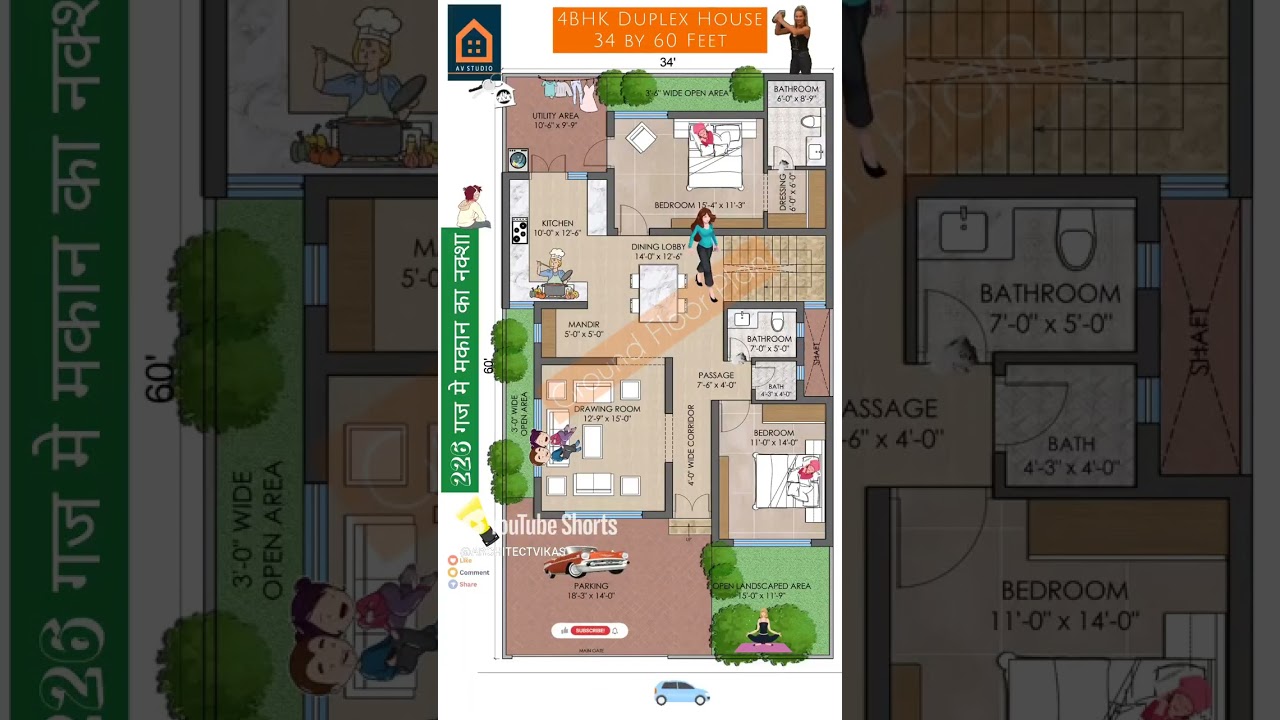 North-Facing 4BHK Duplex House Plan (34x60 ft)