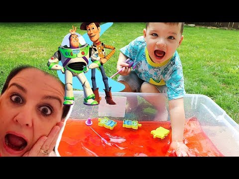 Caleb and Mommy Pretend Play with Toy Story 4 Fishing Pole and Slime Baff