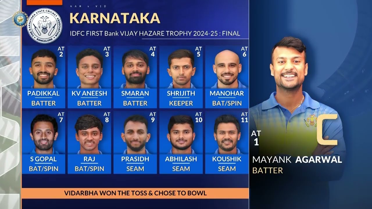 Vijay Hazare Trophy 2025 Final: Karnataka vs Vidarbha 🏏