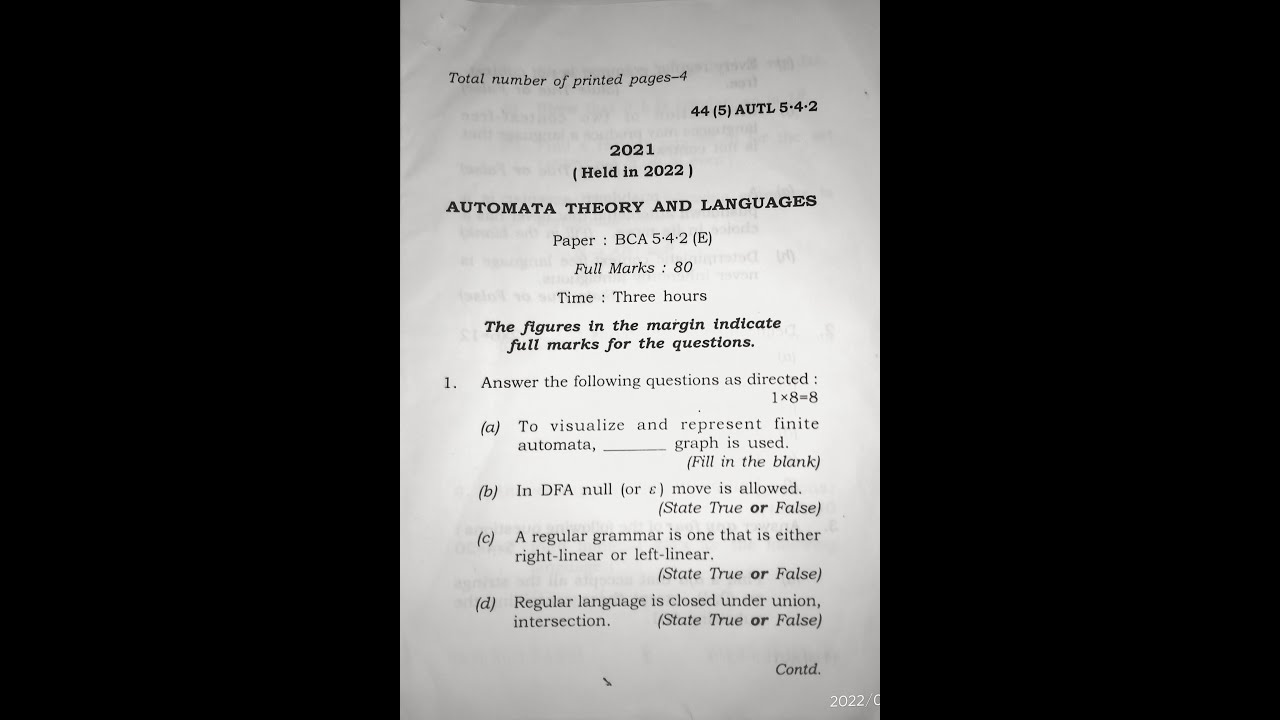 Automata theory and languages 2021 question paper || 2021 BCA question paper ||