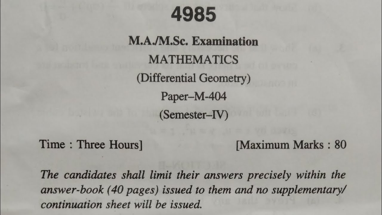 M.Sc Mathematics (Differential Geometry) M-404 | HPU | July 2023
