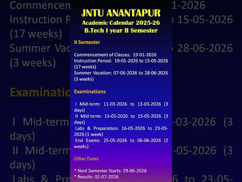 JNTUA 2nd semJNTU ANANTAPUR Academic Calendar 2025-26 B.Tech I year II Semester